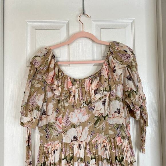 IVY CITY CO Tan Floral Mini Dress Ruffle Cottagecore Boho Fairy Size Large - Picture 3 of 7